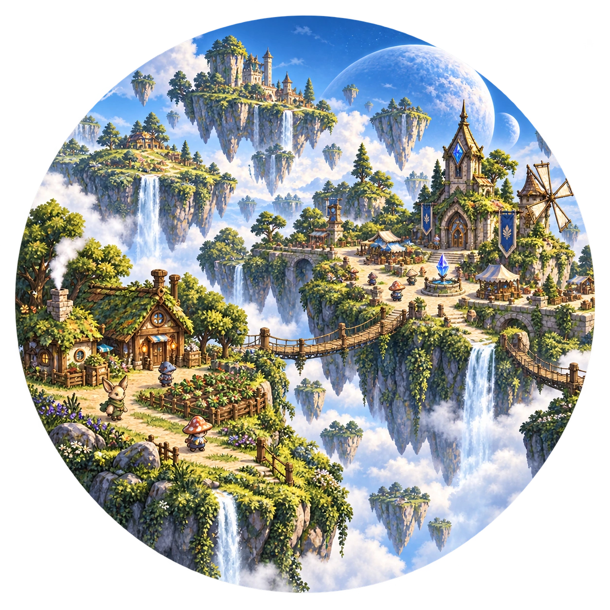 A thriving settlement across floating islands