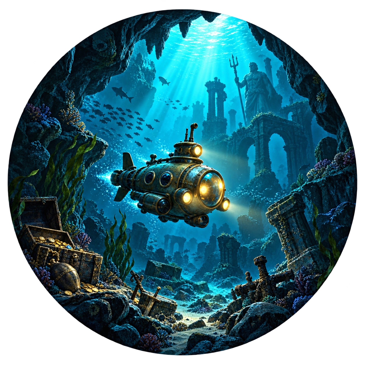 A small submarine exploring submerged ruins and treasure